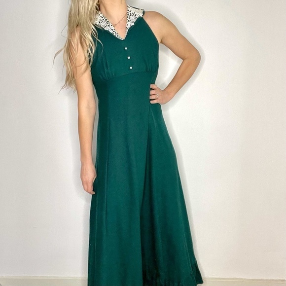 Vintage Green & Cream Lace Halter Top Maxi Dress S - Picture 2 of 15